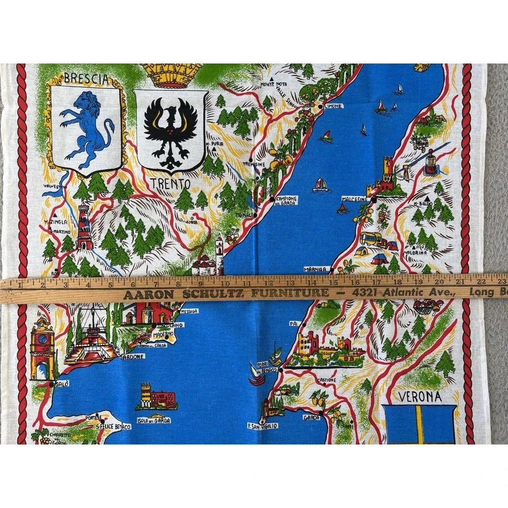Vintage Lago Di Garda Souvenir Tea Towel Linen MCM Map 34x22